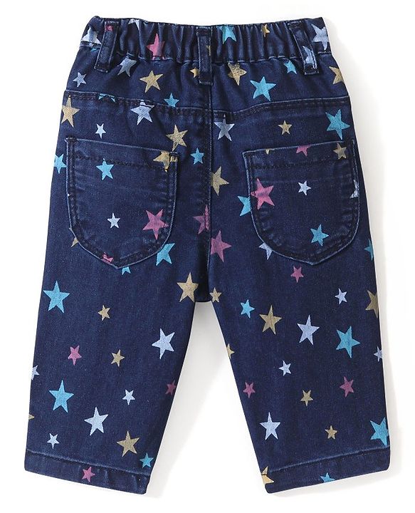 Babyhug Cotton Spandex Washed Stretchable Denim Capris with Star Print -  Blue
