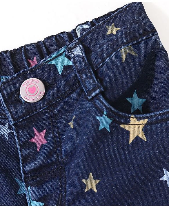 Babyhug Cotton Spandex Washed Stretchable Denim Capris with Star Print -  Blue
