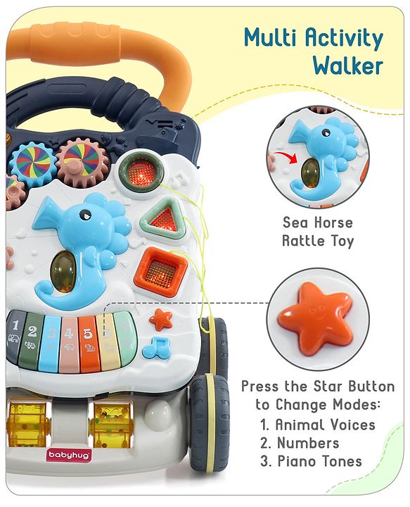Babyhug Premium Seahorse Push Walker for Kids- Blue| Activity Walker with Music & Light for Toddlers| Fun Musical Table| Sit to Stand Multi Activity Walker| Interactive Learning Toy for 9 Months to 3 Years Kids| BIS Certified
