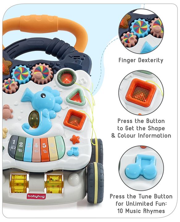 Babyhug Premium Seahorse Push Walker for Kids- Blue| Activity Walker with Music & Light for Toddlers| Fun Musical Table| Sit to Stand Multi Activity Walker| Interactive Learning Toy for 9 Months to 3 Years Kids| BIS Certified