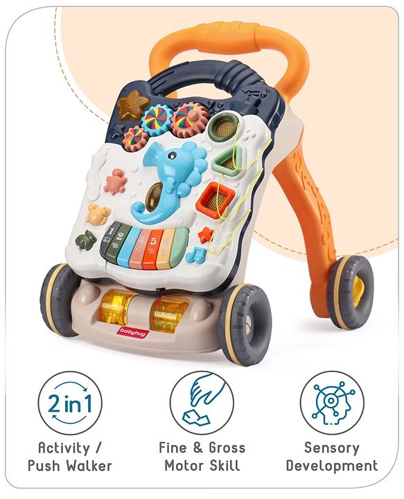 Babyhug Premium Seahorse Push Walker for Kids- Blue| Activity Walker with Music & Light for Toddlers| Fun Musical Table| Sit to Stand Multi Activity Walker| Interactive Learning Toy for 9 Months to 3 Years Kids| BIS Certified