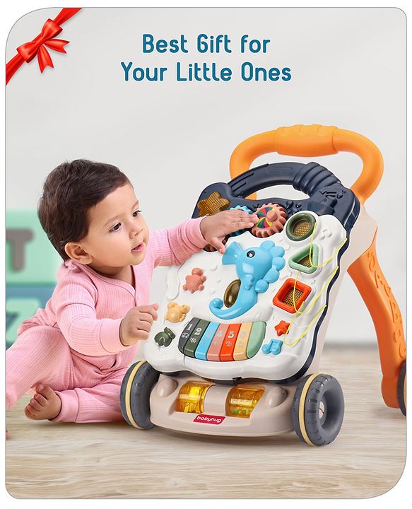 Babyhug Premium Seahorse Push Walker for Kids- Blue| Activity Walker with Music & Light for Toddlers| Fun Musical Table| Sit to Stand Multi Activity Walker| Interactive Learning Toy for 9 Months to 3 Years Kids| BIS Certified