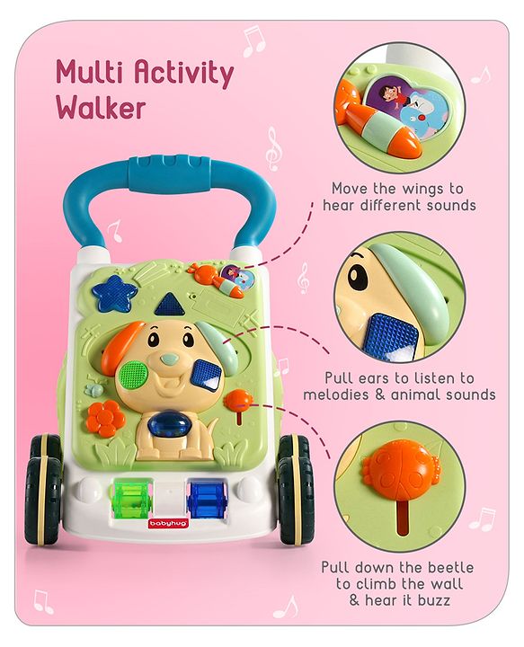 Babyhug Premium Puppy Push Walker for Kids- Green| Activity Walker with Music & Light for Toddlers| Sit to Stand Multi Activity Walker| Interactive Learning Toy for 9 Months to 3 Year Kids| BIS Certified