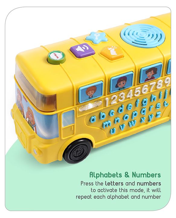 Babyhug Premium Musical Activity Yellow School Bus for Kids|Vehicle Toy with Alphabets, Numbers|Light & Music| Interactive Early Learning Toy | Best Birthday Gift| BIS Certified