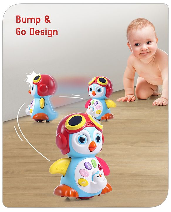 Babyhug Premium 3 in 1 Bump and Go Smart Swing Penguin Colorful Toy for Babies| Eye Blinking Animal Toy With Music, Lights & Sounds For 0-2 Years| Fun Learning Toy for Kids| Best Gift for Toddlers| Non-Toxic| BIS Certified