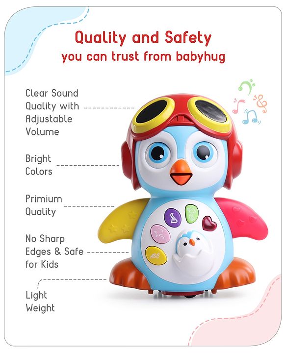 Babyhug Premium 3 in 1 Bump and Go Smart Swing Penguin Colorful Toy for Babies| Eye Blinking Animal Toy With Music, Lights & Sounds For 0-2 Years| Fun Learning Toy for Kids| Best Gift for Toddlers| Non-Toxic| BIS Certified