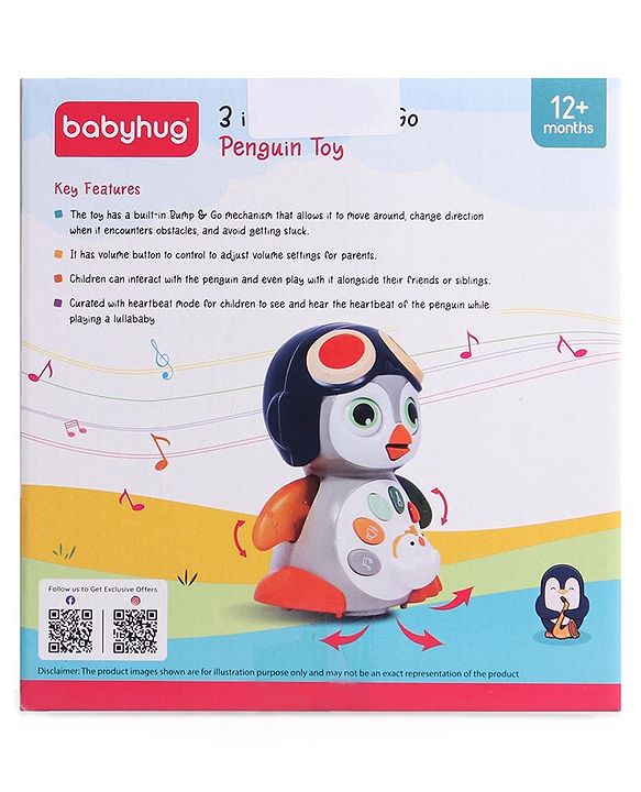 Babyhug Premium 3 in 1 Bump and Go Smart Swing Penguin Colorful Toy for Babies| Eye Blinking Animal Toy With Music, Lights & Sounds For 0-2 Years| Fun Learning Toy for Kids| Best Gift for Toddlers| Non-Toxic| BIS Certified