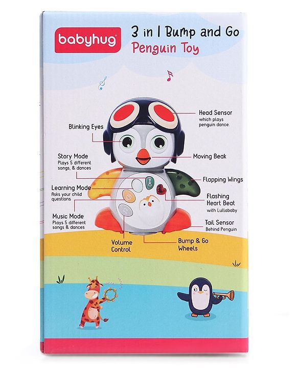 Babyhug Premium 3 in 1 Bump and Go Smart Swing Penguin Colorful Toy for Babies| Eye Blinking Animal Toy With Music, Lights & Sounds For 0-2 Years| Fun Learning Toy for Kids| Best Gift for Toddlers| Non-Toxic| BIS Certified