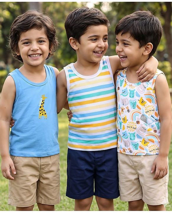 Babyhug 100 % Cotton Sleeveless Sando Vests  Stripes & Leopard Print Pack of 3- Blue Yellow & White