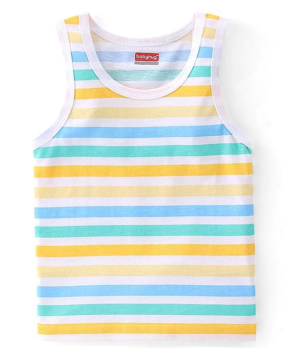 Babyhug 100 % Cotton Sleeveless Sando Vests  Stripes & Leopard Print Pack of 3- Blue Yellow & White