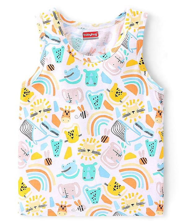 Babyhug 100 % Cotton Sleeveless Sando Vests  Stripes & Leopard Print Pack of 3- Blue Yellow & White