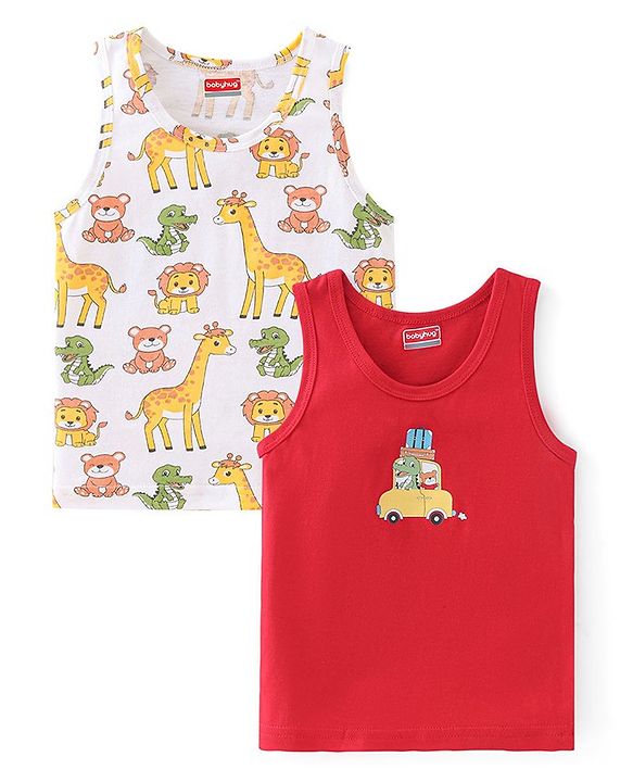 Babyhug 100% Cotton Sleeveless Sando Giraffe Print Pack of 2 - White & Red