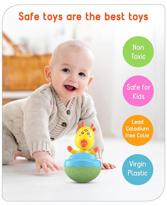 Babyhug Giraffe on Boat Roly Poly Toy |Push and Shake| Attachable Face with Rocking Base|Wobbling Bell Sounds For 6 Months+|  Child Safe Material| Gifting Toy| BIS Certified