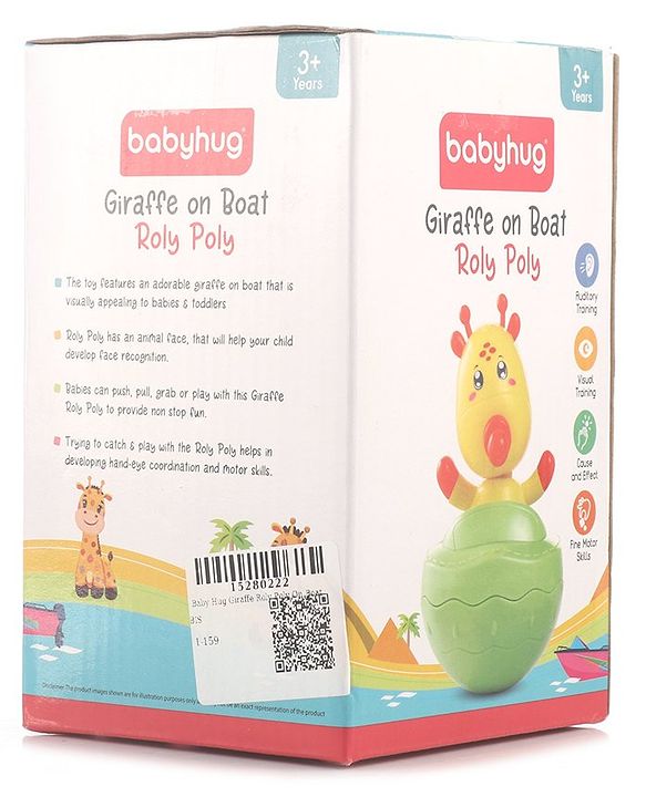 Babyhug Giraffe on Boat Roly Poly Toy |Push and Shake| Attachable Face with Rocking Base|Wobbling Bell Sounds For 6 Months+|  Child Safe Material| Gifting Toy| BIS Certified