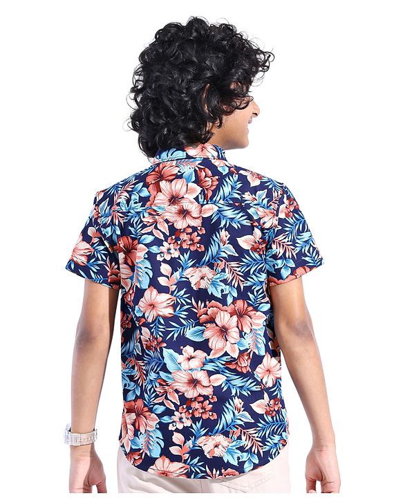 Pine Kids 100% Cotton Woven Half Sleeves Tropical Printed Shirt - Navy Blue