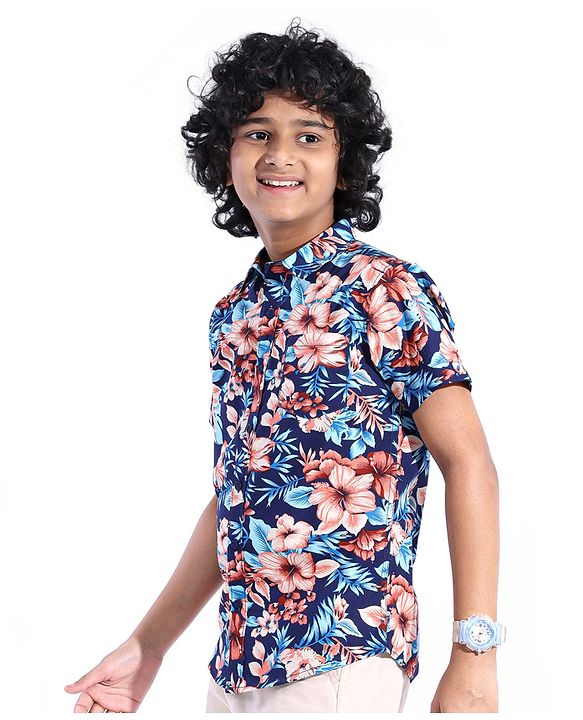 Pine Kids 100% Cotton Woven Half Sleeves Tropical Printed Shirt - Navy Blue