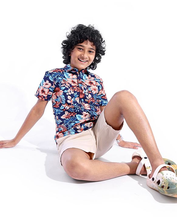 Pine Kids 100% Cotton Woven Half Sleeves Tropical Printed Shirt - Navy Blue