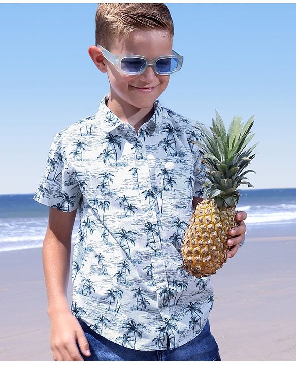 Pine Kids 100% Cotton Woven Half Sleeves Tropical Printed Shirt - White