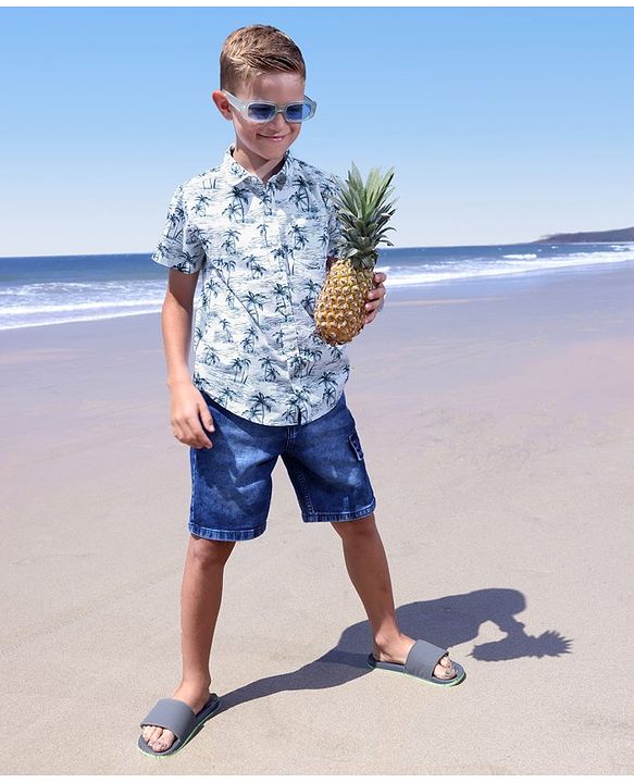 Pine Kids 100% Cotton Woven Half Sleeves Tropical Printed Shirt - White