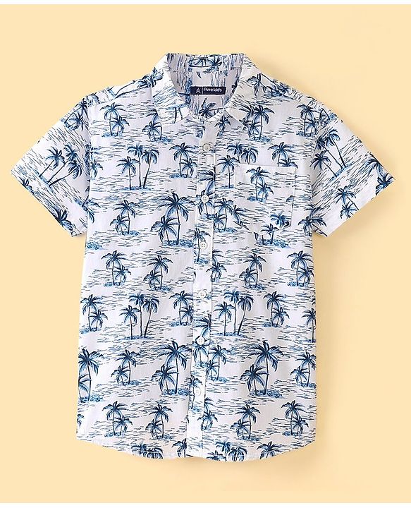 Pine Kids 100% Cotton Woven Half Sleeves Tropical Printed Shirt - White