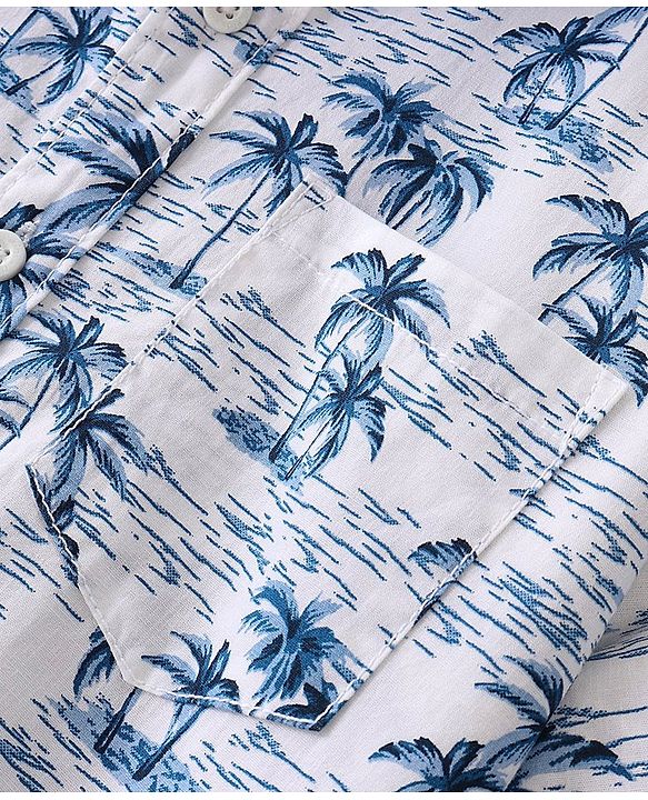Pine Kids 100% Cotton Woven Half Sleeves Tropical Printed Shirt - White