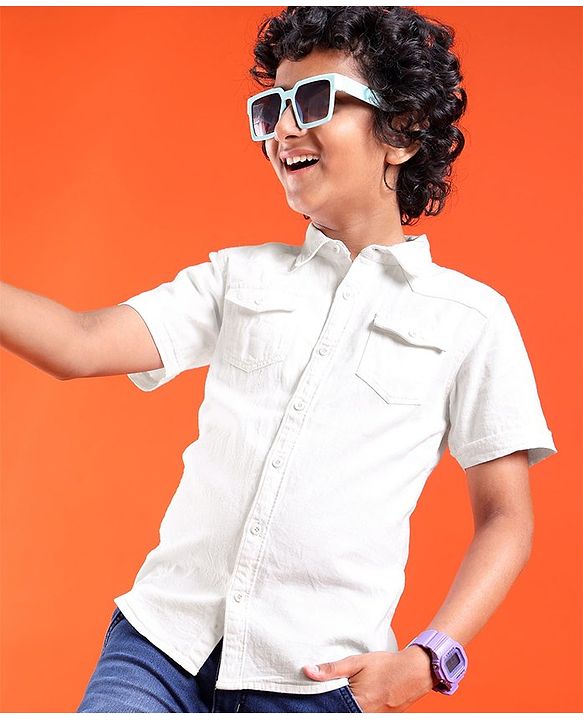 Pine Kids Cotton Woven Half Sleeves Washed Denim Shirt - White