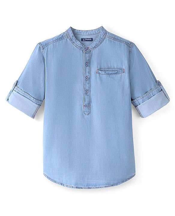 Pine Kids Full Sleeves Denim Solid Colour Mandarin Neck Shirt - Blue