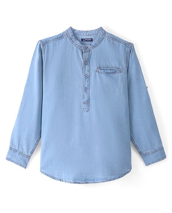 Pine Kids Full Sleeves Denim Solid Colour Mandarin Neck Shirt - Blue