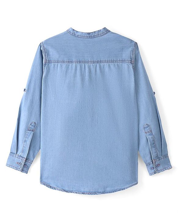 Pine Kids Full Sleeves Denim Solid Colour Mandarin Neck Shirt - Blue