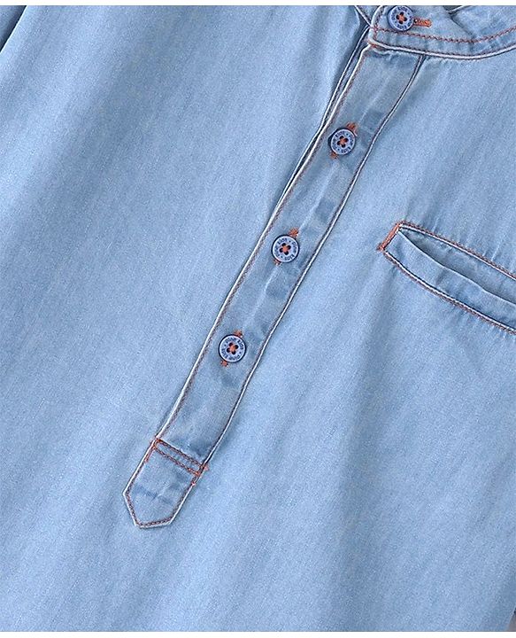 Pine Kids Full Sleeves Denim Solid Colour Mandarin Neck Shirt - Blue