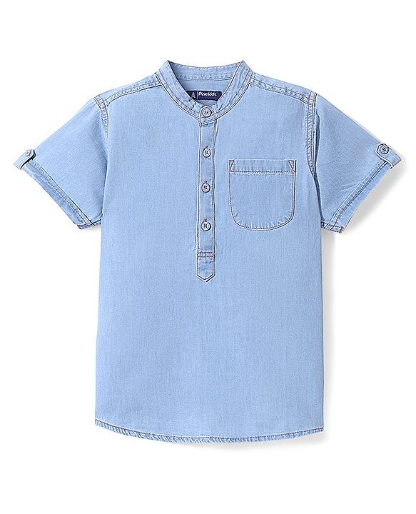 Pine Kids  Woven Half Sleeves Washed  Denim Shirt - Ice Blue