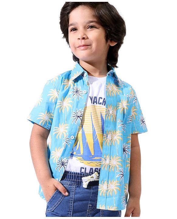 Pine Kids Cotton Half Sleeves Palm Tree Printed Shirt - Blue