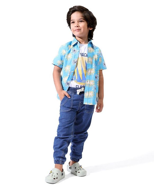 Pine Kids Cotton Half Sleeves Palm Tree Printed Shirt - Blue