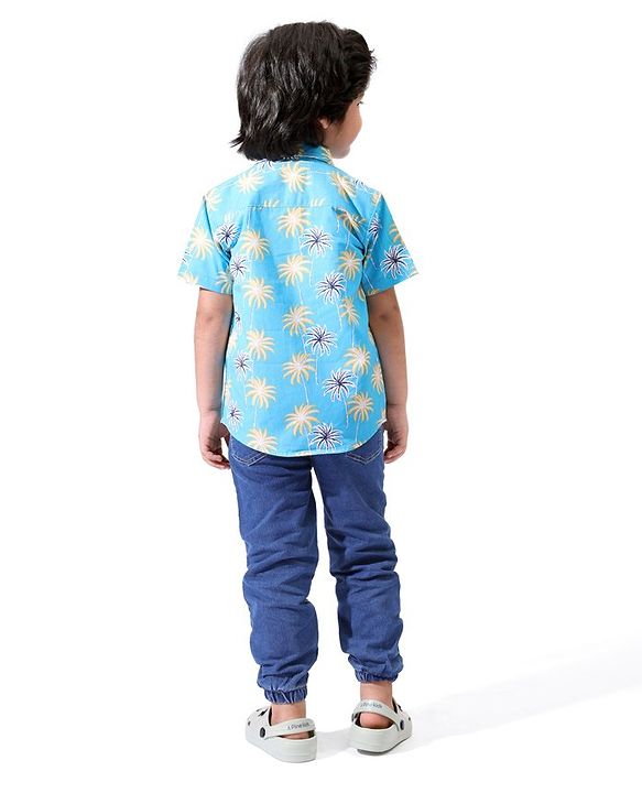 Pine Kids Cotton Half Sleeves Palm Tree Printed Shirt - Blue
