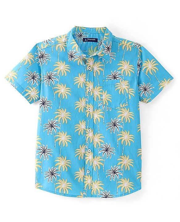 Pine Kids Cotton Half Sleeves Palm Tree Printed Shirt - Blue