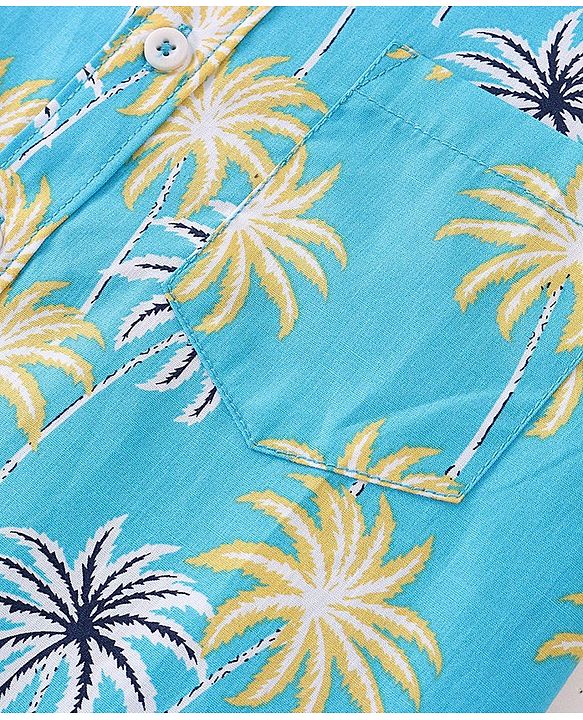 Pine Kids Cotton Half Sleeves Palm Tree Printed Shirt - Blue