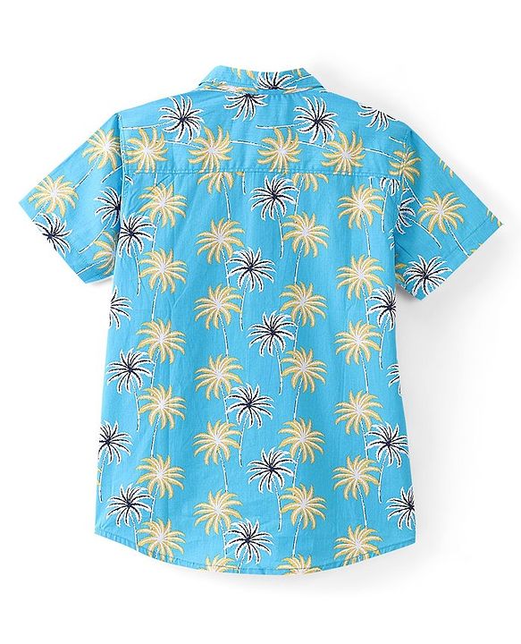 Pine Kids Cotton Half Sleeves Palm Tree Printed Shirt - Blue