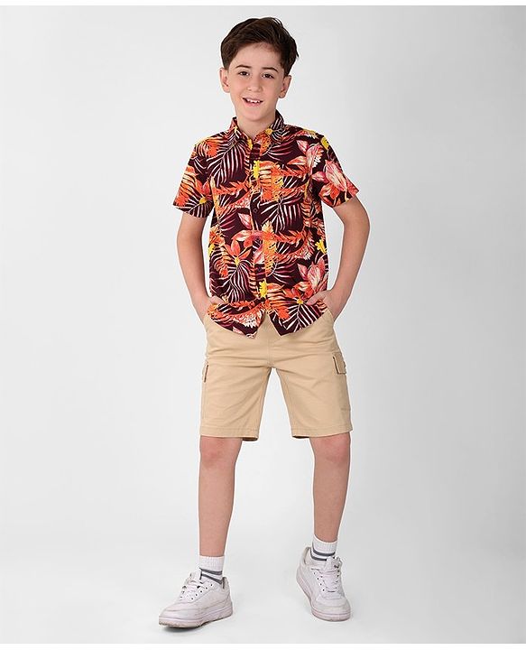Pine Kids Cotton Woven Half Sleeves Leafy Print Shirt - Multicolour