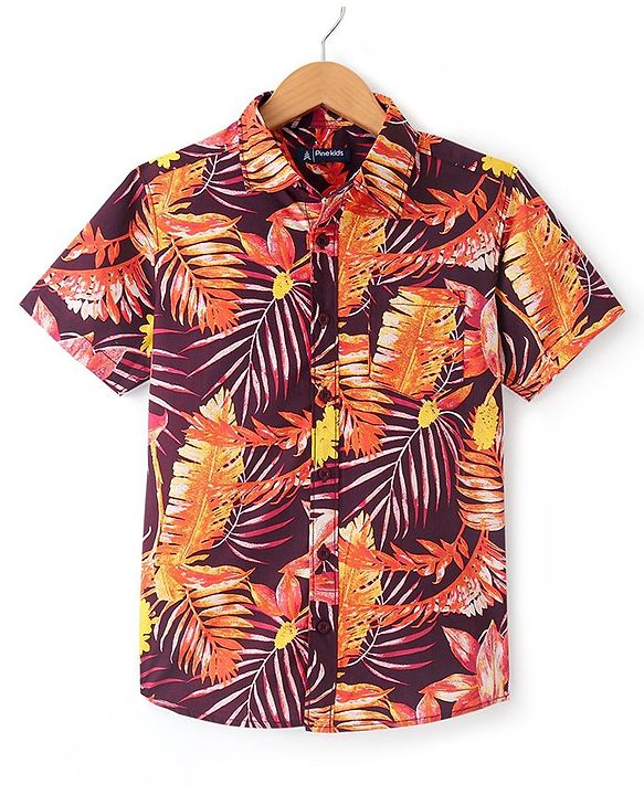 Pine Kids Cotton Woven Half Sleeves Leafy Print Shirt - Multicolour