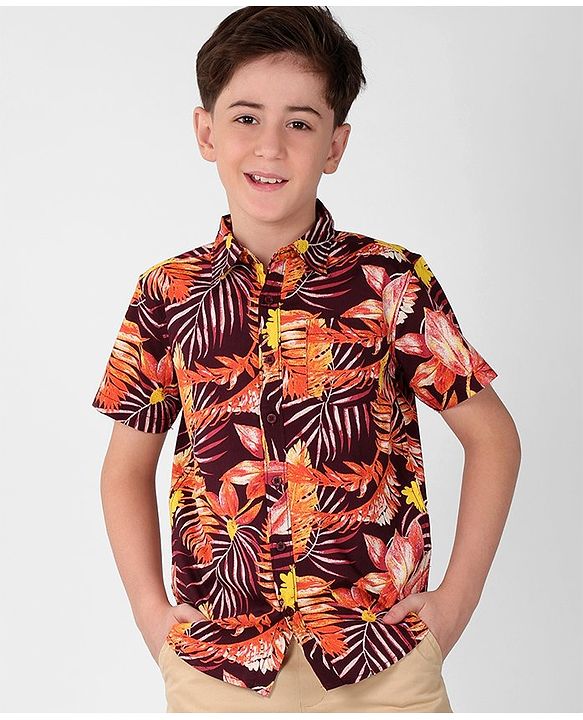 Pine Kids Cotton Woven Half Sleeves Leafy Print Shirt - Multicolour
