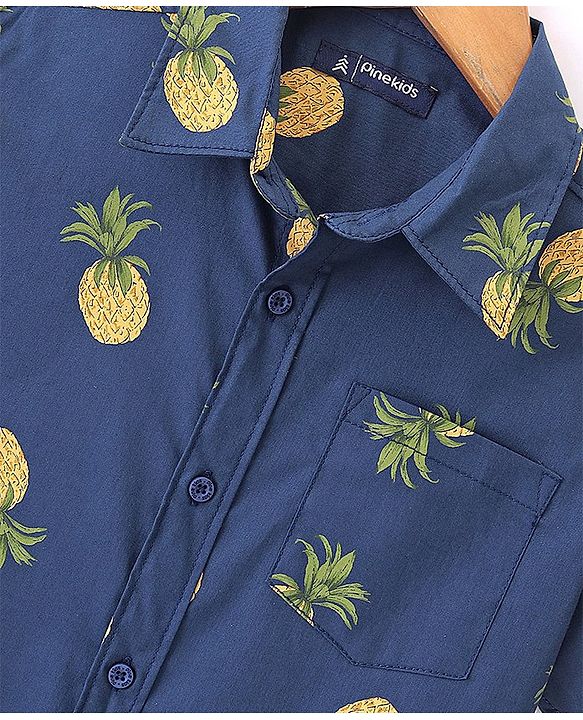 Pine Kids Cotton Woven Half Sleeves Pineapple Printed Shirts - Blue