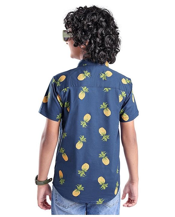 Pine Kids Cotton Woven Half Sleeves Pineapple Printed Shirts - Blue