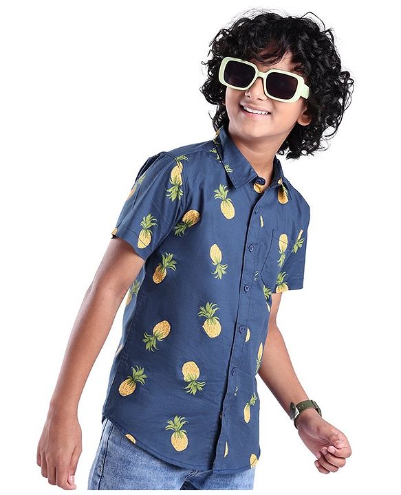 Pine Kids Cotton Woven Half Sleeves Pineapple Printed Shirts - Blue