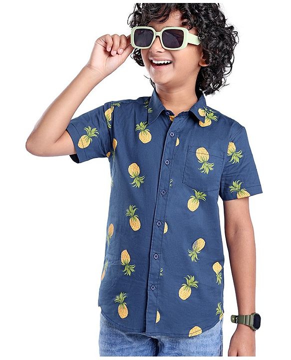 Pine Kids Cotton Woven Half Sleeves Pineapple Printed Shirts - Blue
