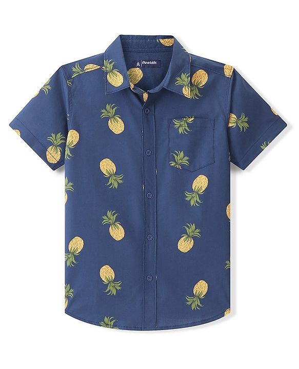 Pine Kids Cotton Woven Half Sleeves Pineapple Printed Shirts - Blue