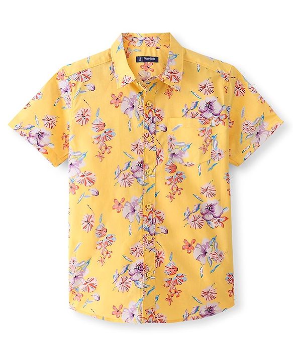 Pine Kids  Cotton Woven Half Sleeves Shirt Floral Print  - Yellow
