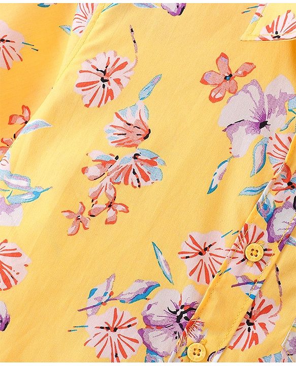 Pine Kids  Cotton Woven Half Sleeves Shirt Floral Print  - Yellow
