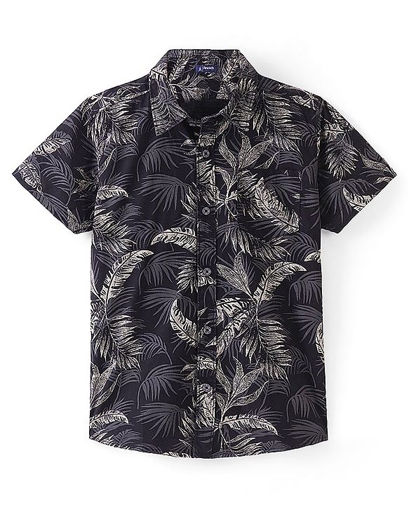 Pine Kids Cotton Woven Half Sleeves Shirt All Over Tropical Print - Black