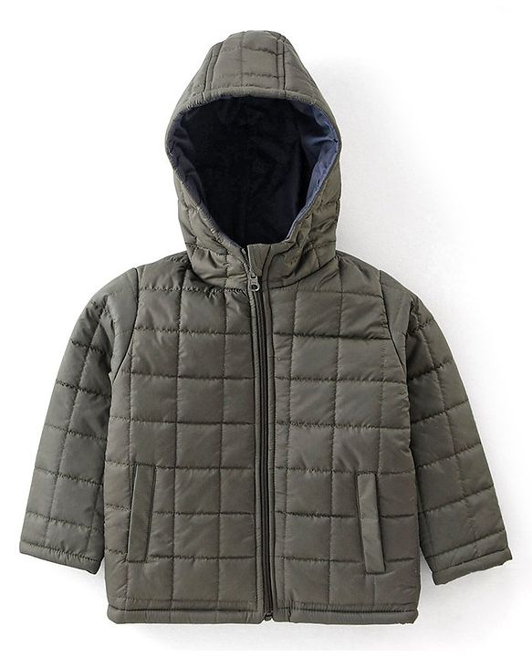 Babyhug Woven Full Sleeves Solid Color Reversible Hooded Jacket - Olive Green & Navy Blue