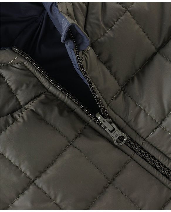 Babyhug Woven Full Sleeves Solid Color Reversible Hooded Jacket - Olive Green & Navy Blue